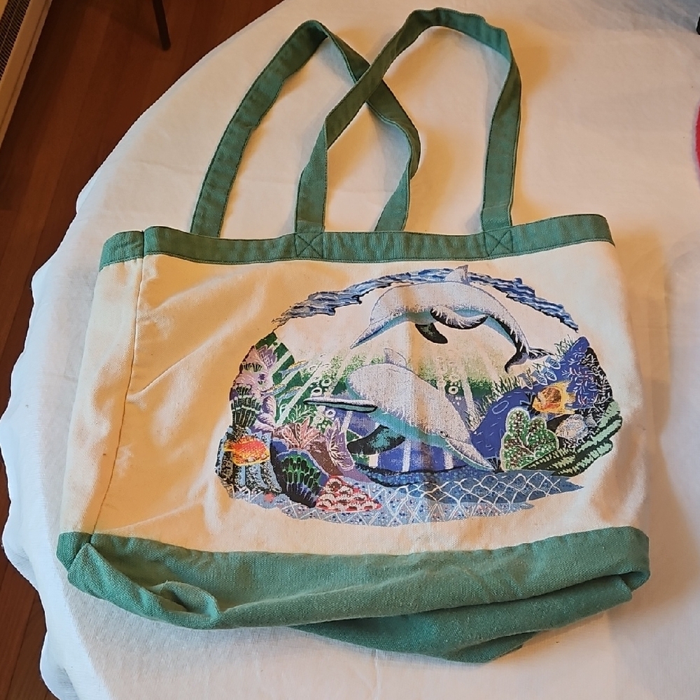 Nature-Inspired Green and Cream Canvas Tote